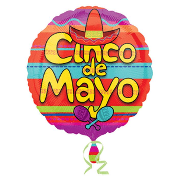 Colorful round mylar balloon featuring "Cinco de Mayo" in large yellow text, a red sombrero, maracas, and horizontal stripes in red, purple, turquoise, and green.