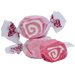 Two pink and white swirl patterned salt water taffy candies with white wrapper twists on each end.
