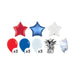 Patriotic balloon bouquet with three foil stars in red, blue, and white at top, nine latex balloons in red, blue, and white with quantity markers below, silver tassel weight, and helium pump included.