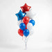 Festive balloon bouquet featuring three red, white, and blue star-shaped foil balloons at the top and eleven matching latex balloons in red, white, and blue arranged below with curled ribbons.