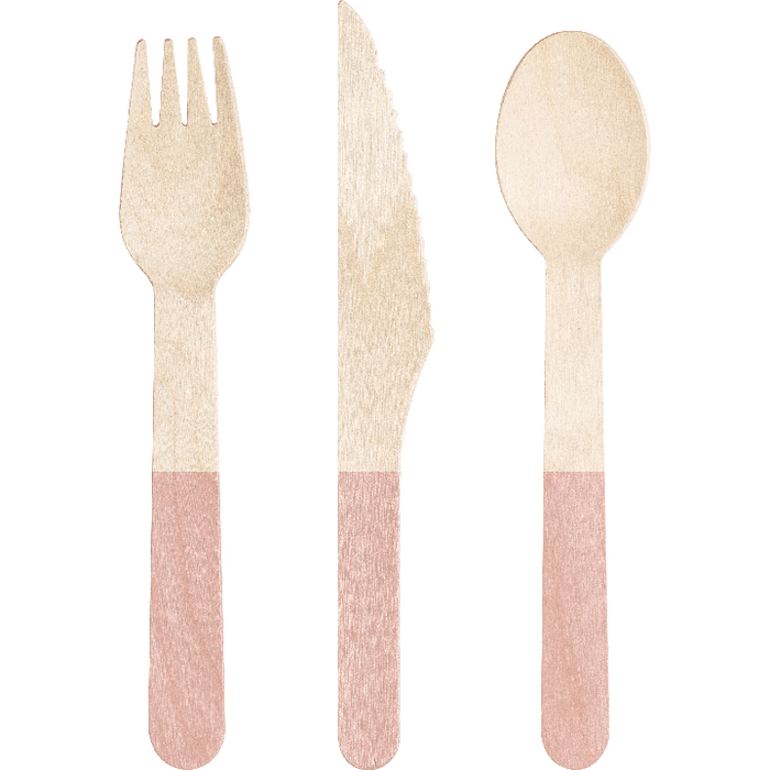 Three wooden utensils with natural wood handles and pink-wrapped lower sections: a fork, knife, and spoon arranged side by side.