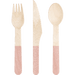 Three wooden utensils with natural wood handles and pink-wrapped lower sections: a fork, knife, and spoon arranged side by side.