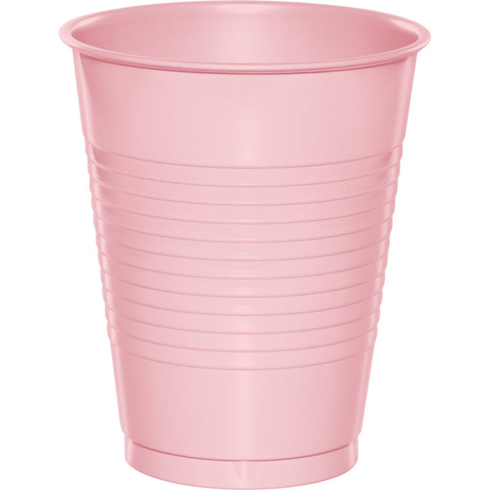 Pink plastic cup with vertical ribbed texture design, 16-ounce capacity, shown as a single cup against a white background.