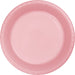 Pink disposable plastic plate with a ridged rim and shallow well, shown from above against a white background.