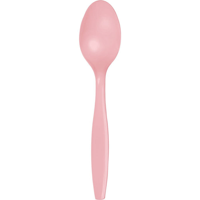 Single pink plastic spoon with an oval bowl and tapered handle against a white background.