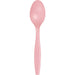 Single pink plastic spoon with an oval bowl and tapered handle against a white background.