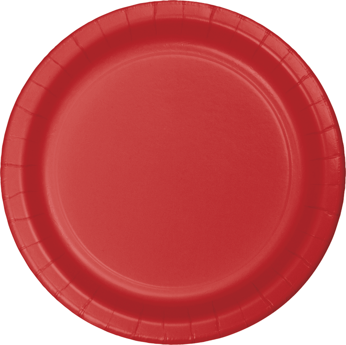 Bright red disposable paper plate with a ridged rim and circular well design, shown from above against a white background.