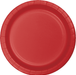 Bright red disposable paper plate with a ridged rim and circular well design, shown from above against a white background.