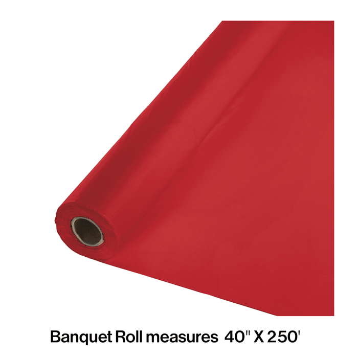 Red plastic banquet roll measuring 40 inches by 250 feet, shown partially unrolled with a cardboard tube visible at the end.