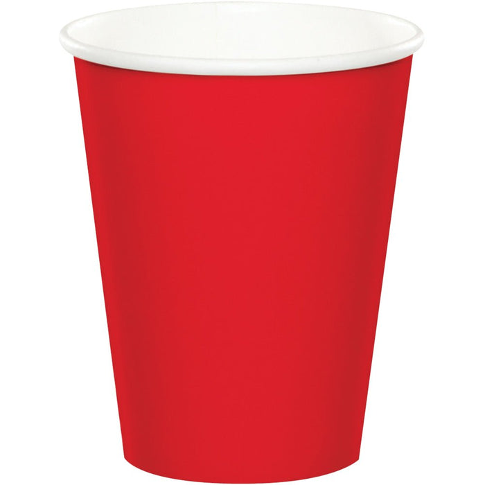 Red disposable cup with white interior and rim, standing upright against a white background.