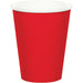 Red disposable cup with white interior and rim, standing upright against a white background.