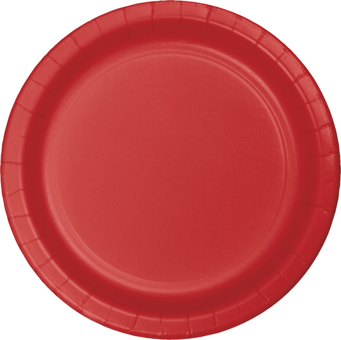 Bright red disposable paper plate with a ridged rim and concentric circular design in the center.