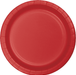 Bright red disposable paper plate with a ridged rim and concentric circular design in the center.