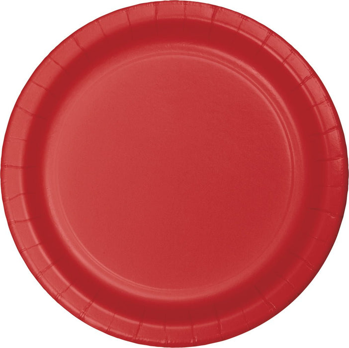 Bright red disposable paper plate with a slightly recessed center and ribbed rim edge, viewed from above.