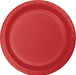 Bright red disposable paper plate with a slightly recessed center and ribbed rim edge, viewed from above.