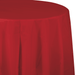 Bright red round tablecloth with deep draping folds cascading down the sides, shown from an angled perspective displaying the fabric's smooth texture and generous coverage.