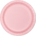 Light pink round paper plate with a ribbed rim border, designed for serving desserts or appetizers at parties.