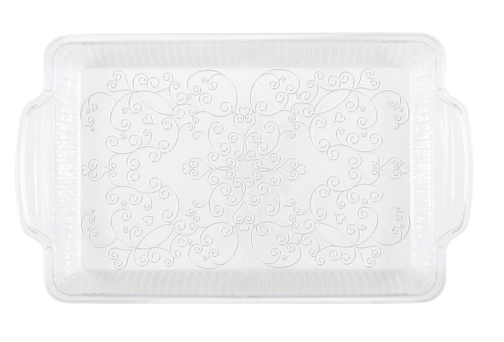 Clear plastic rectangular serving tray with handles and an etched decorative scrollwork pattern across the center surface.