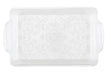 Clear plastic rectangular serving tray with handles and an etched decorative scrollwork pattern across the center surface.