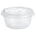 Clear plastic disposable cup with matching hinged lid featuring ribbed edges and small vent holes on top.