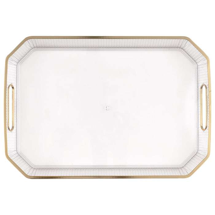 Clear rectangular serving tray with gold-tone handles and rim, featuring a white ribbed border and smooth center surface.