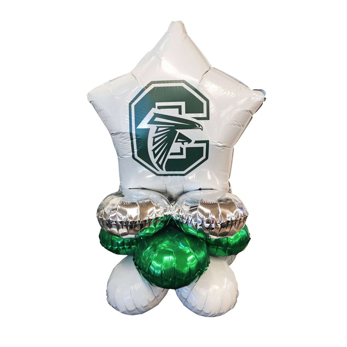 White and silver foil balloon quad featuring a green and white eagle logo at the top, with two silver round balloons and one green round balloon at the base.