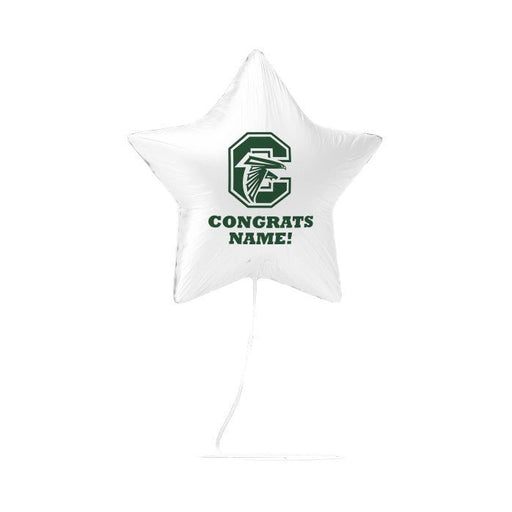 White star-shaped mylar balloon with green Clearfield High School falcon logo and "CONGRATS NAME!" text, shown inflated with string attached.