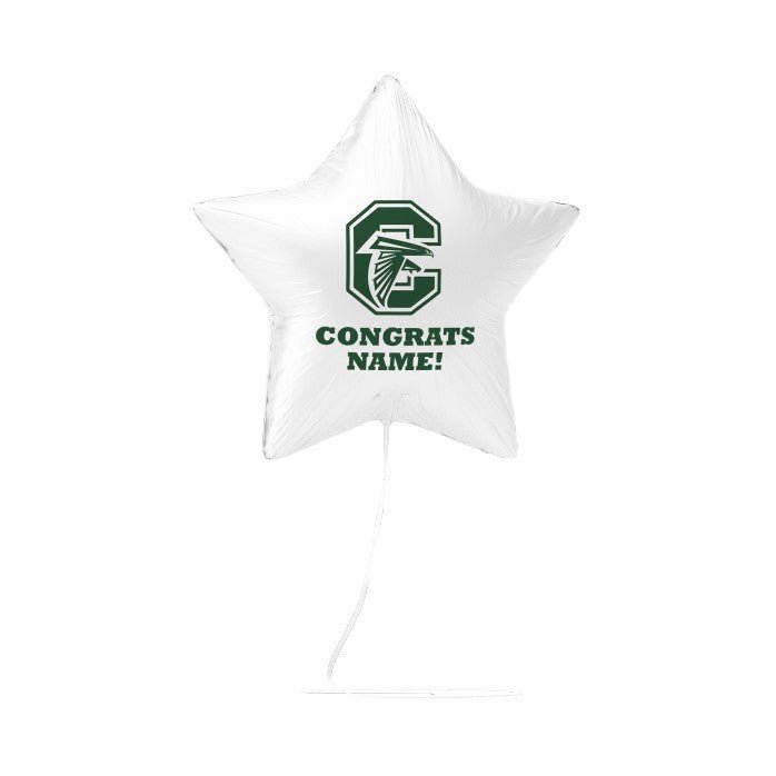 White star-shaped mylar balloon with green Clearfield High School falcon logo and "CONGRATS NAME!" text, shown inflated with string attached.