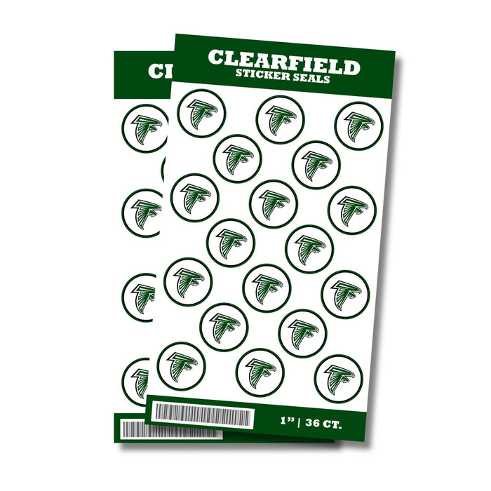 Sheet of 36 circular green and white Clearfield sticker seals featuring a falcon logo, each one inch in diameter.