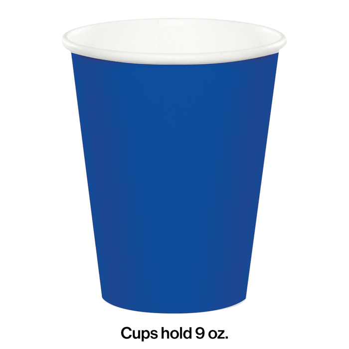 Cobalt blue disposable cup with white interior rim, holding 9 ounces, shown as a single cup from the product line.