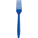 Single cobalt blue plastic fork with four tines and a tapered handle against a white background.
