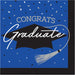 Cobalt blue napkin featuring "Congrats Graduate" text with a black mortarboard cap, white tassel, and colorful confetti scattered across the design.