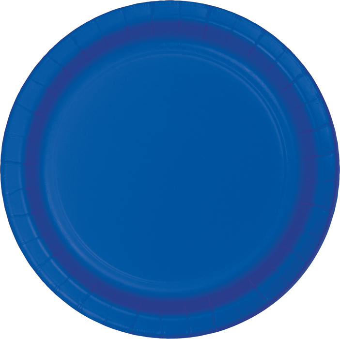 Bright cobalt blue disposable paper plate with a slightly recessed center and textured rim, shown as a single plate against a white background.