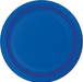 Bright cobalt blue disposable paper plate with a slightly recessed center and textured rim, shown as a single plate against a white background.