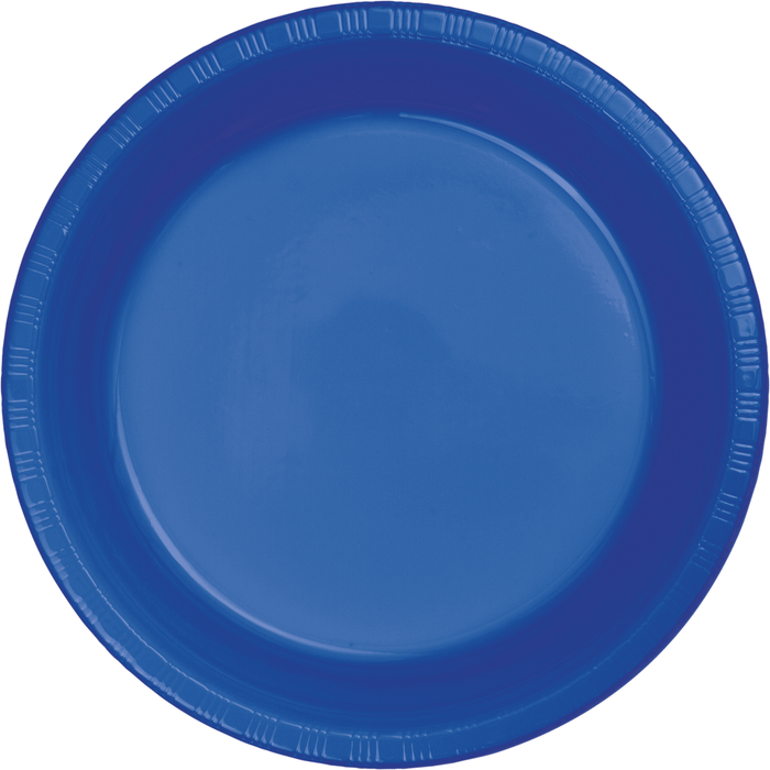 Cobalt blue plastic plate with ridged rim and smooth center, shown from above.