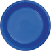 Cobalt blue disposable plastic plate with a ridged rim and smooth center well, shown from above.