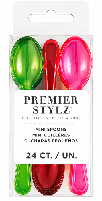 Premier Stylz package containing 24 mini spoons in bright green, red, and hot pink colors arranged in three rows within clear plastic casing.