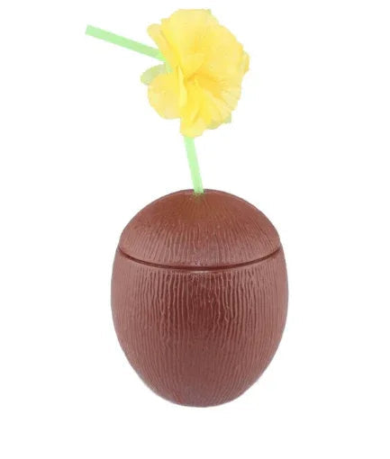 Brown textured coconut-shaped container with a hinged lid and a yellow tissue paper flower with green stem emerging from the top.