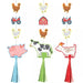 Three colorful farm-themed hanging decorations with tassels featuring a pink pig, black and white cow, and white goat, each strung with small farm elements like chickens, tractors, and a barn.