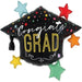 Black graduation cap-shaped mylar balloon with "Congrats GRAD" in white and gold lettering, surrounded by colorful stars in blue, red, yellow, orange, and green with a tassel accent.
