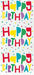 Repeating pattern of three colorful Happy Birthday designs on white cello bags with multicolored confetti and geometric shapes throughout.
