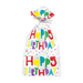 Clear cellophane bag with colorful "Happy Birthday" text and confetti-style shapes in red, yellow, purple, blue, and green, tied at top with striped ribbon bow.