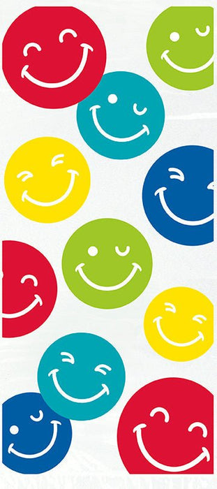 Colorful sticker sheet featuring smiling face designs in red, green, teal, yellow, and blue arranged in a vertical pattern.