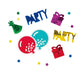 Colorful party decoration confetti pack featuring blue "PARTY" text, gold "PARTY" text, green party hat, red and turquoise balloons, purple and red gift boxes, and multicolored stars scattered on white background.