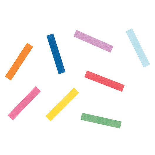 Eight colorful tissue paper rectangles in orange, dark blue, pink, yellow, purple, light blue, red, and green arranged on a white background.