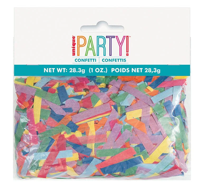 Bag of colorful tissue confetti containing multicolored rectangular strips in pink, yellow, blue, green, and orange arranged loosely inside clear packaging labeled "unique PARTY! CONFETTI" with net weight 28.3g.