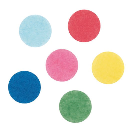 Six colorful tissue paper circles in light blue, dark blue, red, pink, yellow, and green arranged on a white background.