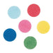 Six colorful tissue paper circles in light blue, dark blue, red, pink, yellow, and green arranged on a white background.