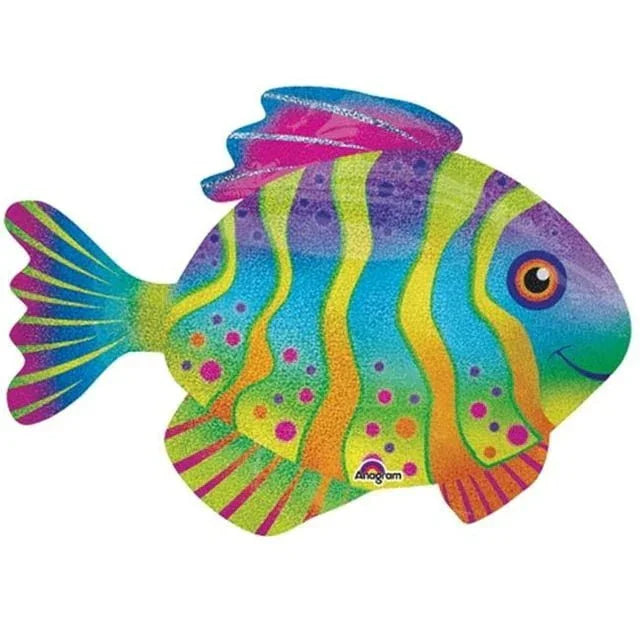 Colorful mylar balloon shaped like a tropical fish with rainbow stripes, yellow wavy lines, magenta spots, and a blue top fin against a white background.