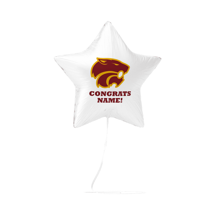 White star-shaped balloon with a logo and 'Congrats Name!' text on a white background